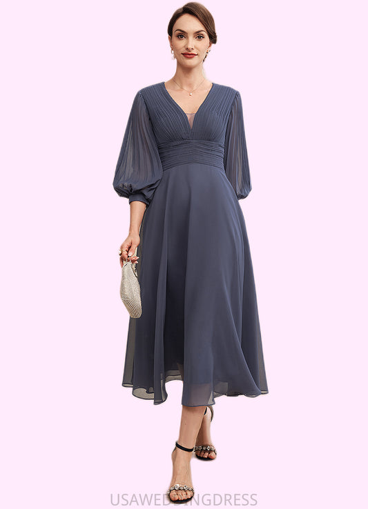 Setlla A-Line V-neck Tea-Length Chiffon Mother of the Bride Dress With Ruffle DS126P0014566