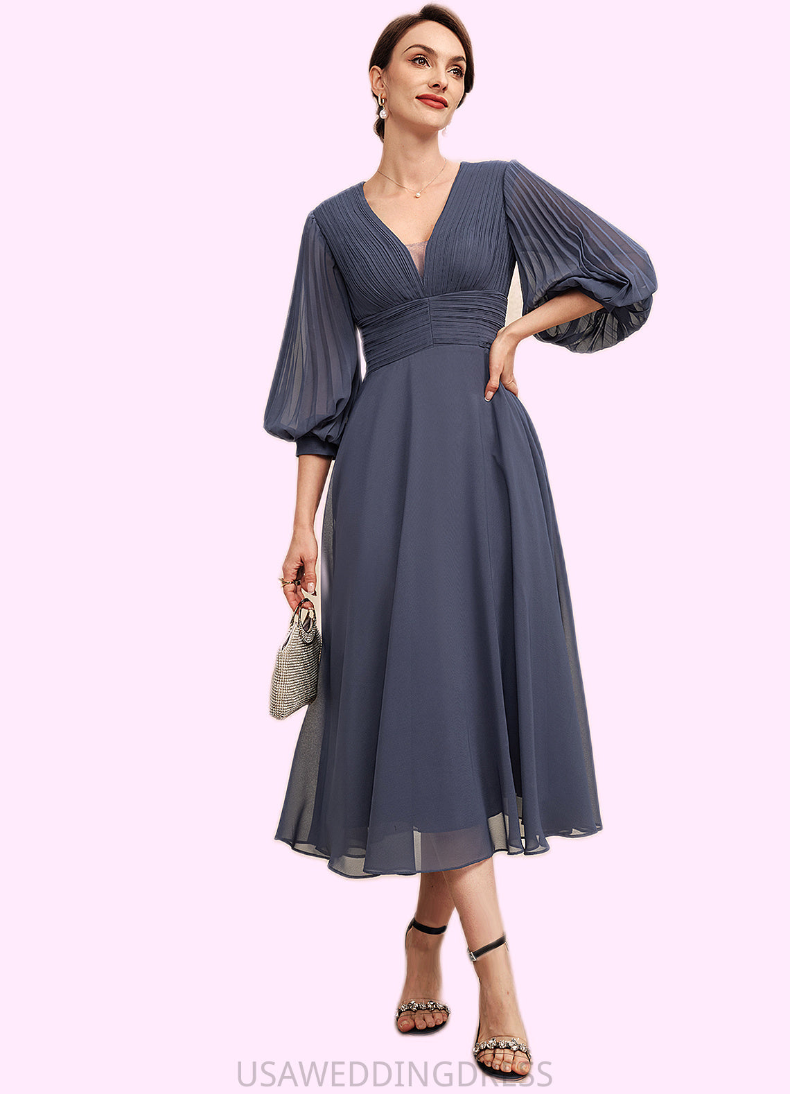 Setlla A-Line V-neck Tea-Length Chiffon Mother of the Bride Dress With Ruffle DS126P0014566