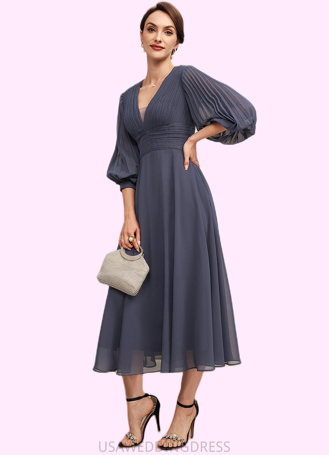 Setlla A-Line V-neck Tea-Length Chiffon Mother of the Bride Dress With Ruffle DS126P0014566