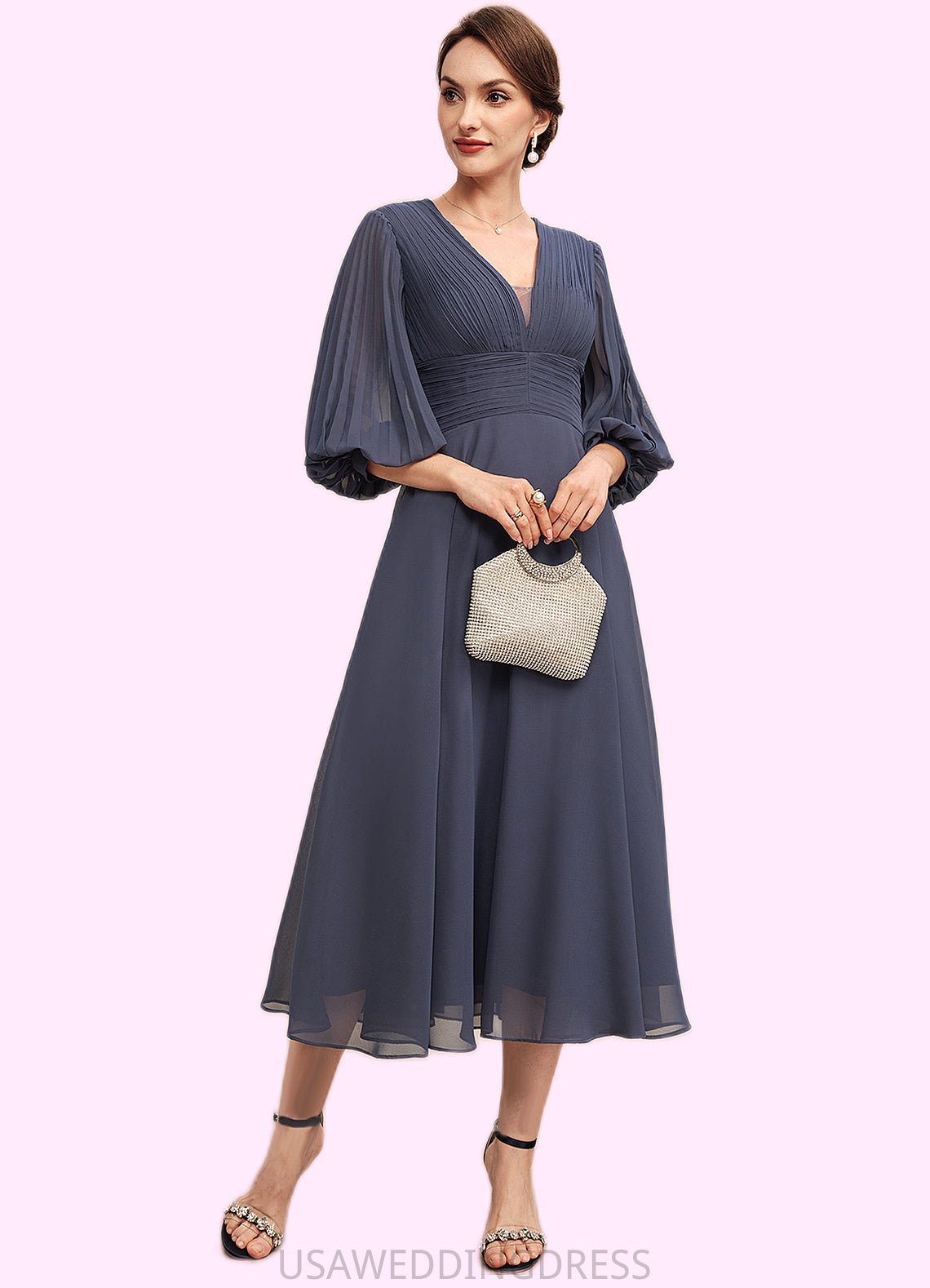 Setlla A-Line V-neck Tea-Length Chiffon Mother of the Bride Dress With Ruffle DS126P0014566