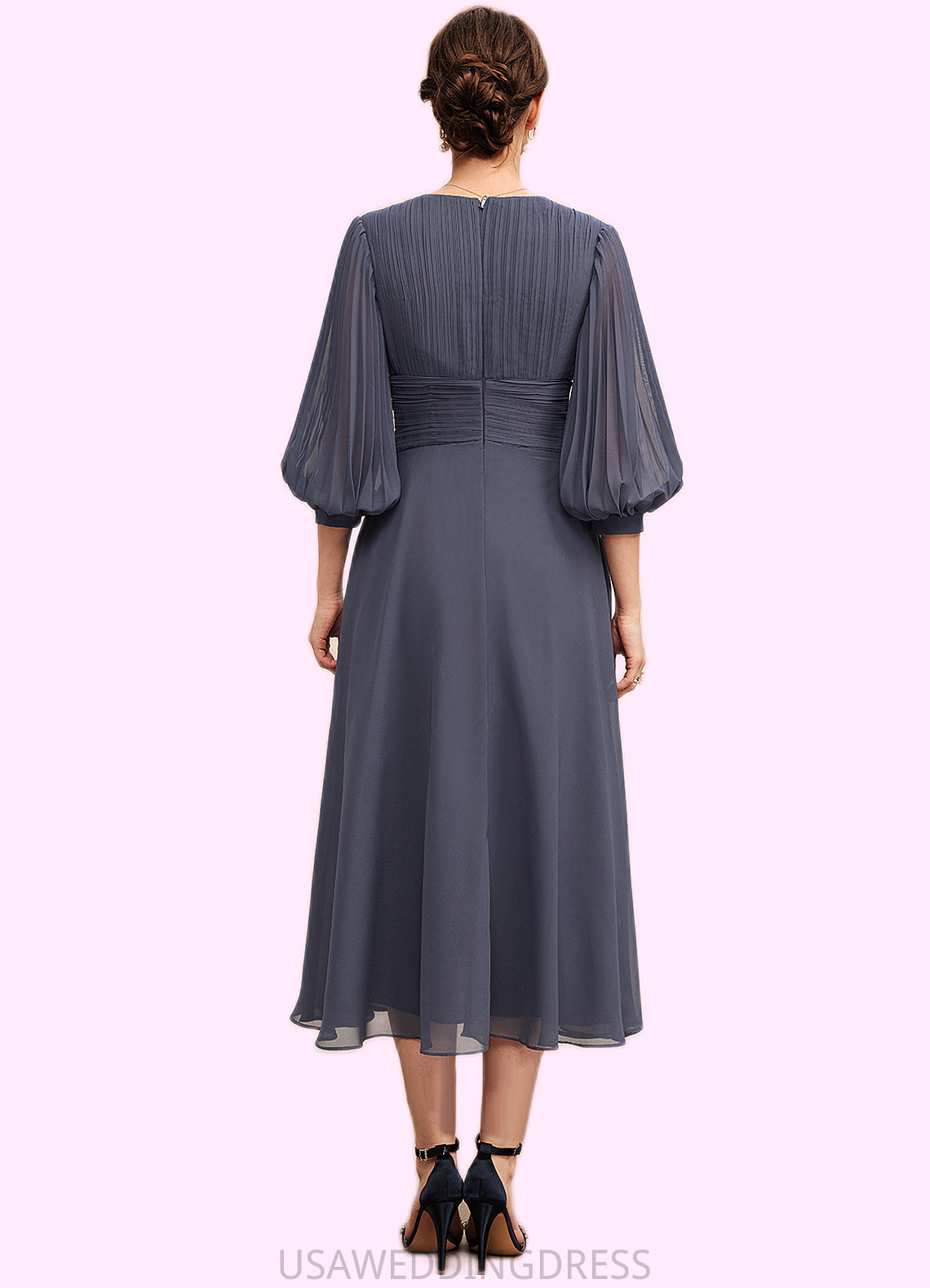 Setlla A-Line V-neck Tea-Length Chiffon Mother of the Bride Dress With Ruffle DS126P0014566