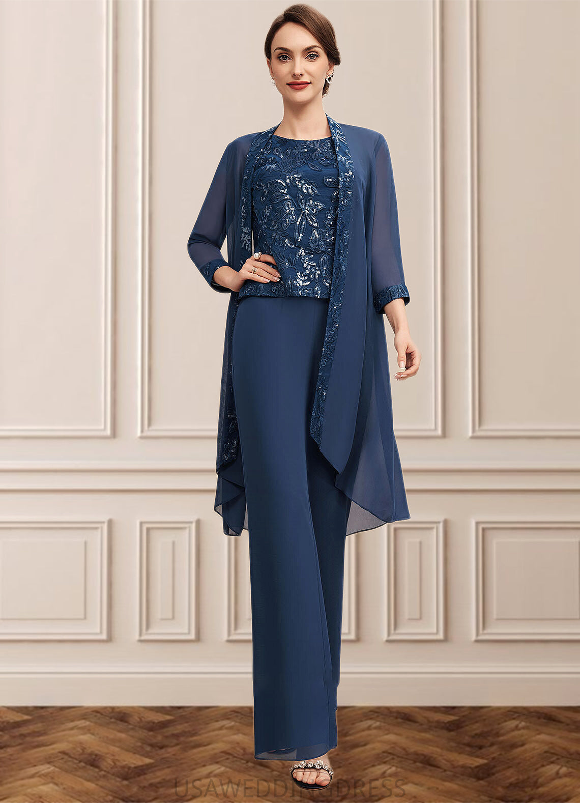 Jolie Jumpsuit/Pantsuit Scoop Neck Floor-Length Chiffon Lace Mother of the Bride Dress With Sequins DS126P0014567