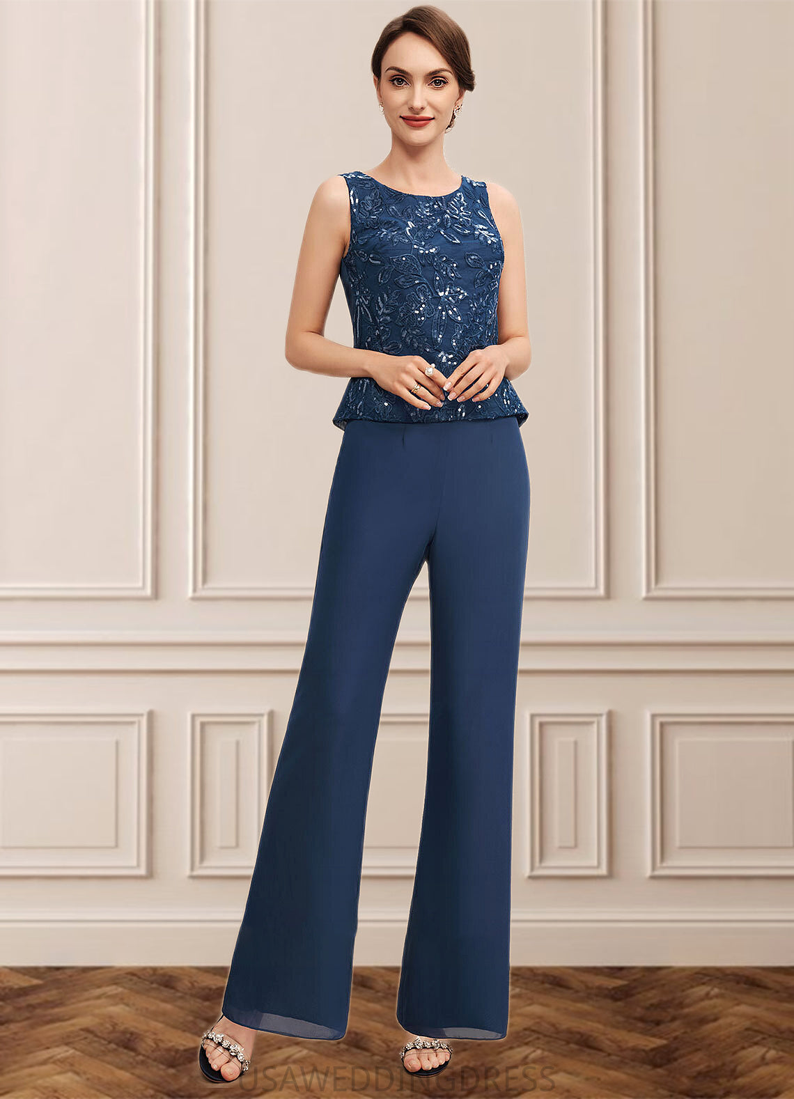 Jolie Jumpsuit/Pantsuit Scoop Neck Floor-Length Chiffon Lace Mother of the Bride Dress With Sequins DS126P0014567