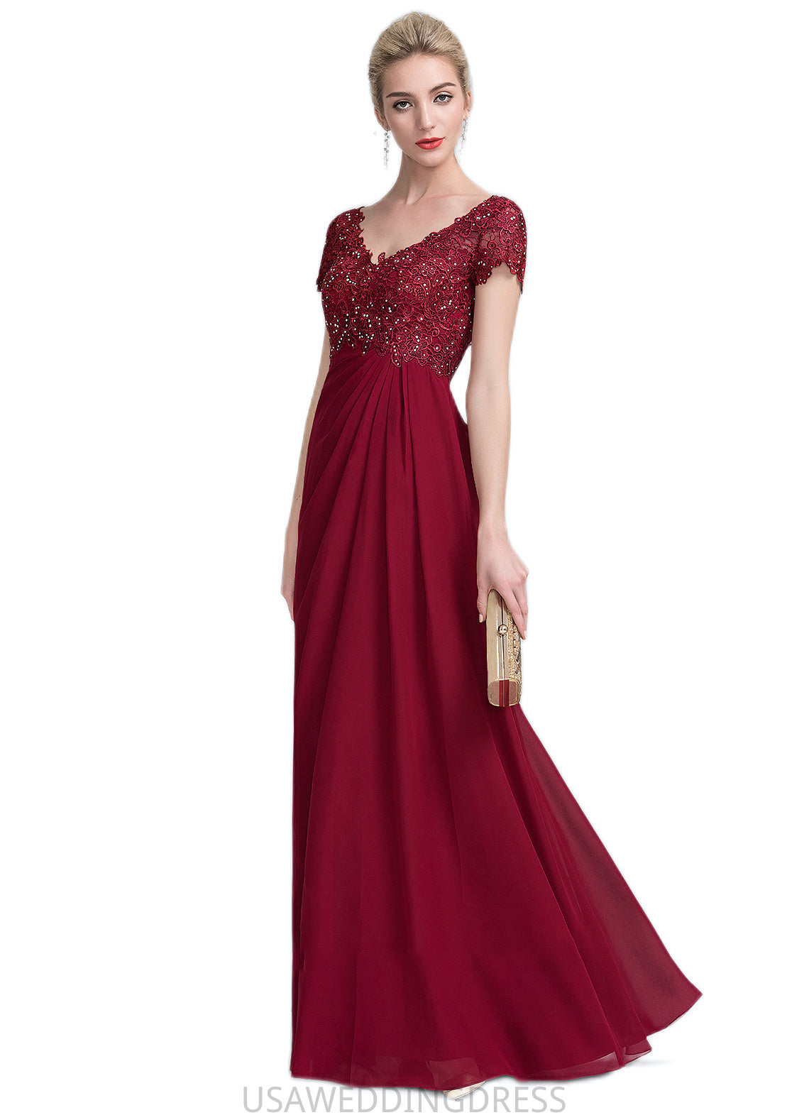 Savannah A-Line V-neck Floor-Length Chiffon Lace Mother of the Bride Dress With Ruffle Beading DS126P0014569