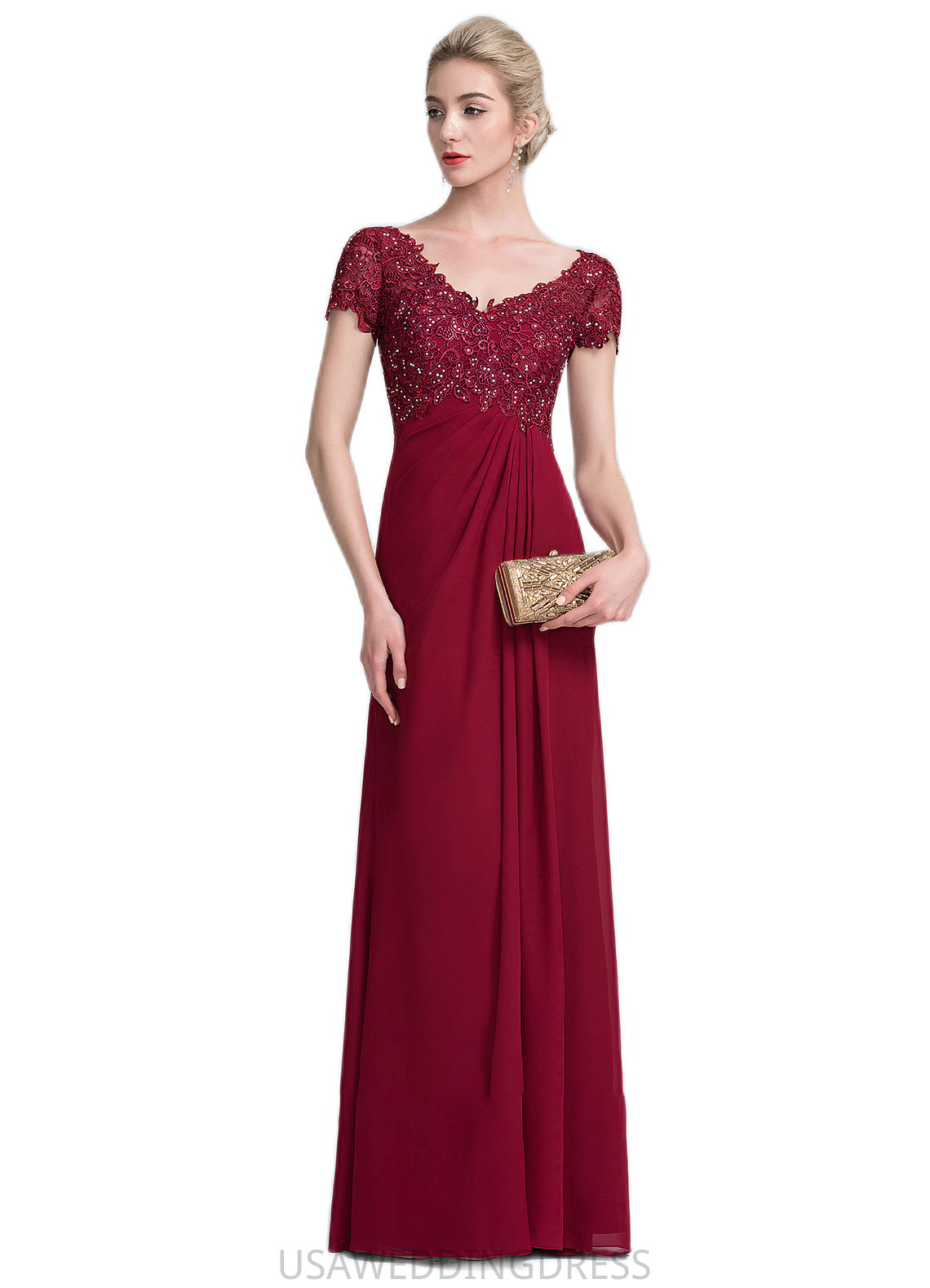 Savannah A-Line V-neck Floor-Length Chiffon Lace Mother of the Bride Dress With Ruffle Beading DS126P0014569