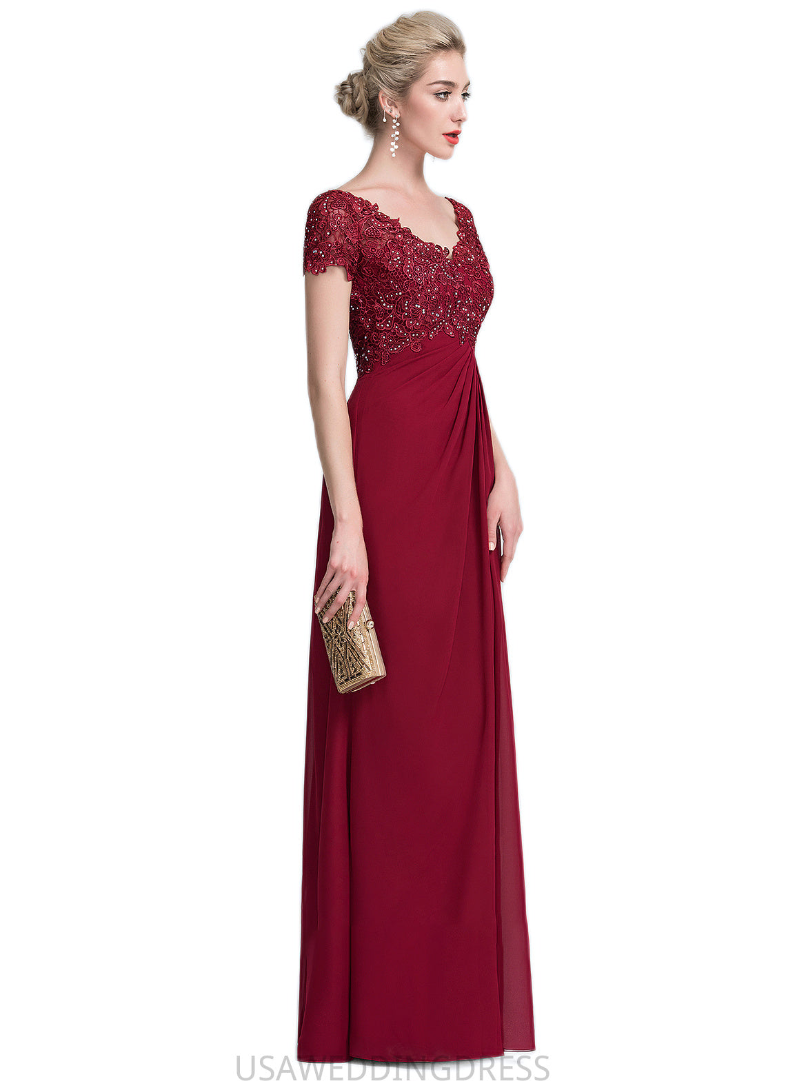 Savannah A-Line V-neck Floor-Length Chiffon Lace Mother of the Bride Dress With Ruffle Beading DS126P0014569