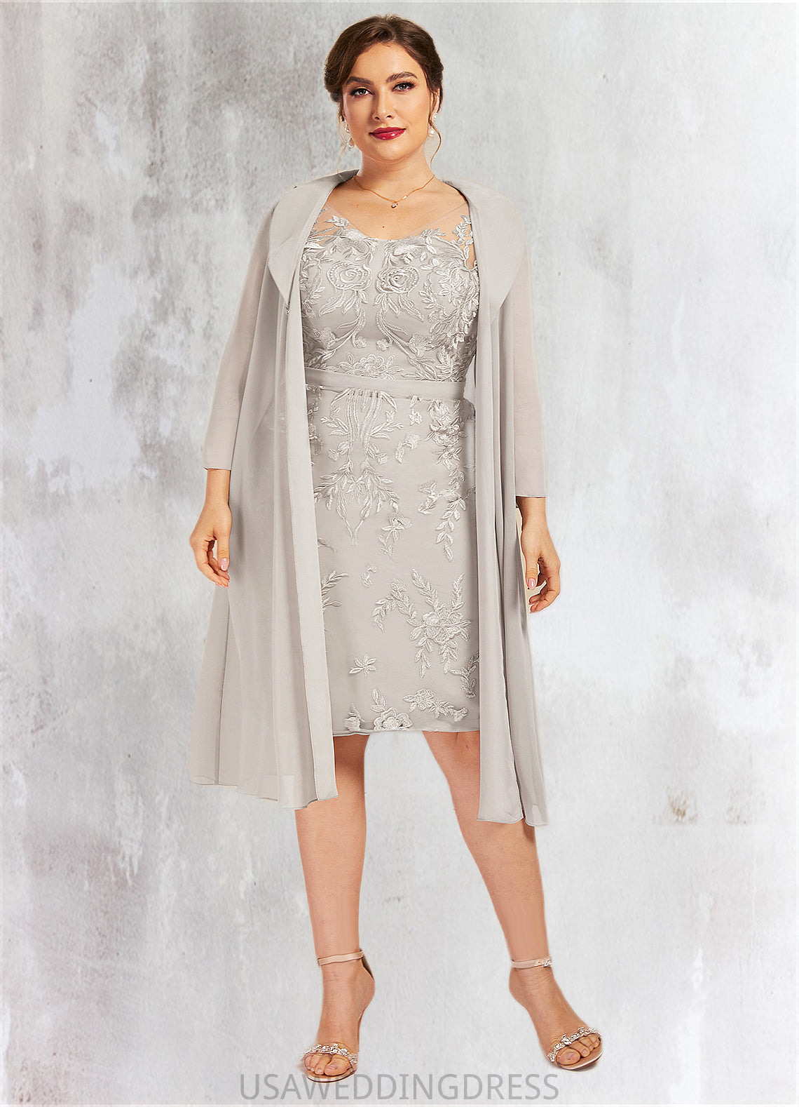 Elisa Sheath/Column V-neck Knee-Length Lace Mother of the Bride Dress DS126P0014570