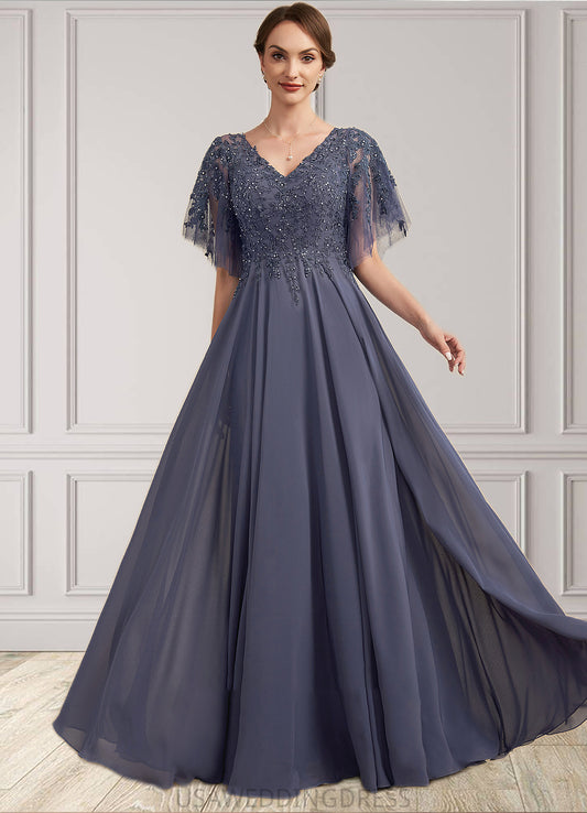 Gertie A-line V-Neck Floor-Length Chiffon Lace Mother of the Bride Dress With Beading Sequins DS126P0014571