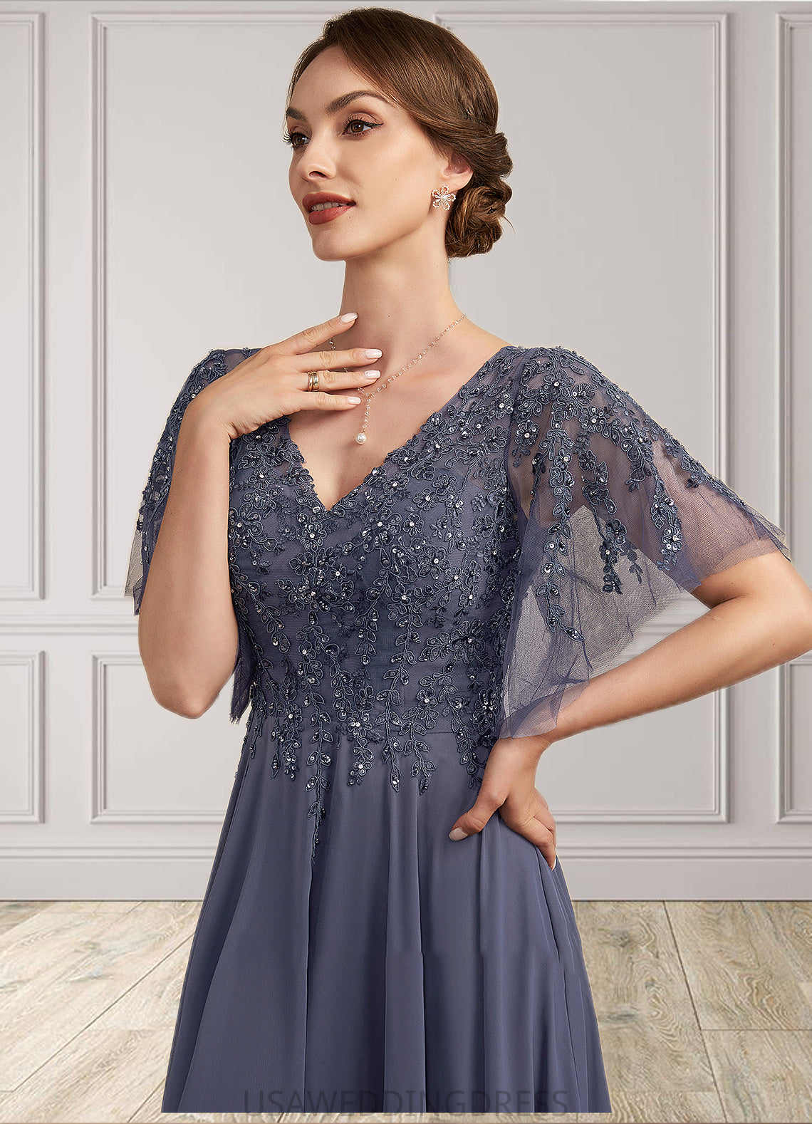 Gertie A-line V-Neck Floor-Length Chiffon Lace Mother of the Bride Dress With Beading Sequins DS126P0014571