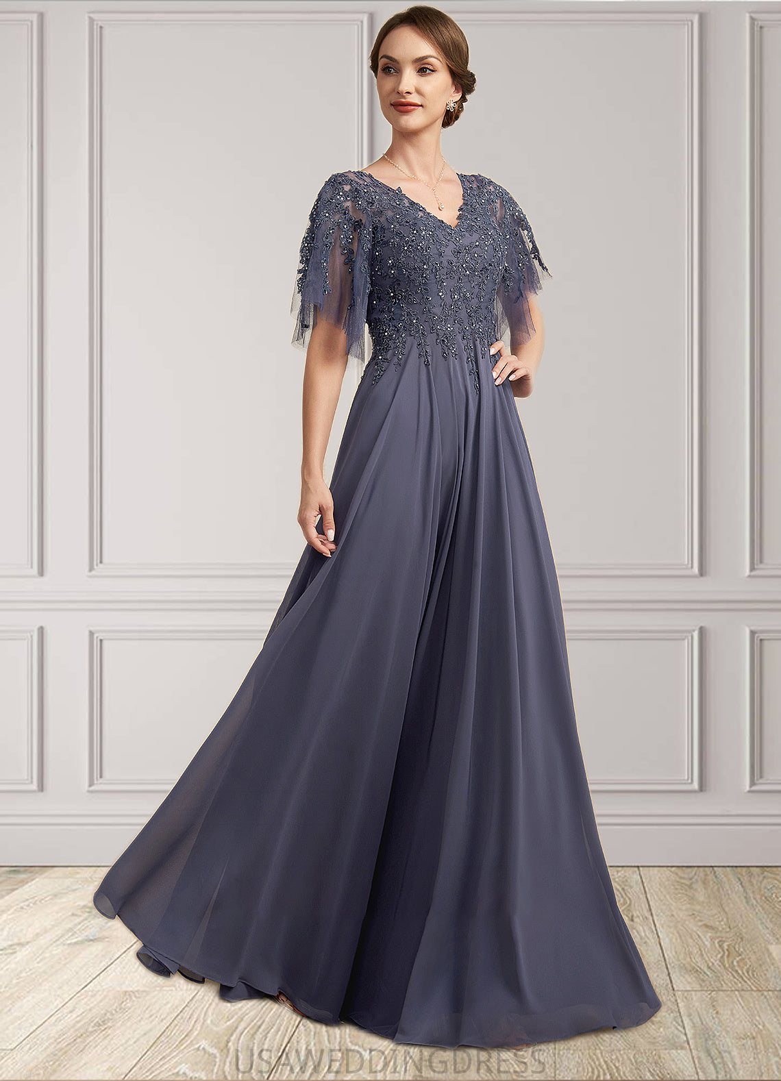 Gertie A-line V-Neck Floor-Length Chiffon Lace Mother of the Bride Dress With Beading Sequins DS126P0014571