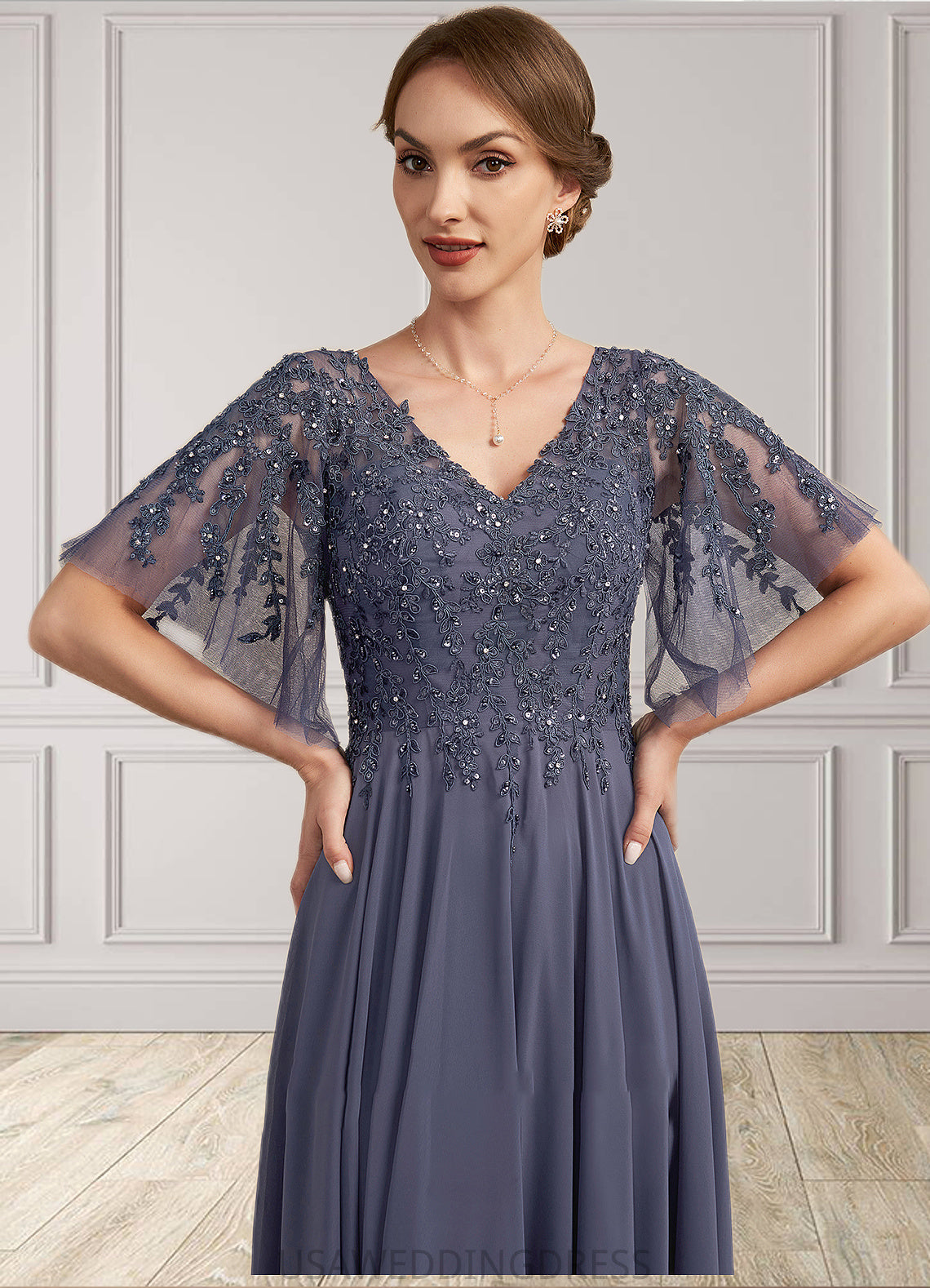 Gertie A-line V-Neck Floor-Length Chiffon Lace Mother of the Bride Dress With Beading Sequins DS126P0014571