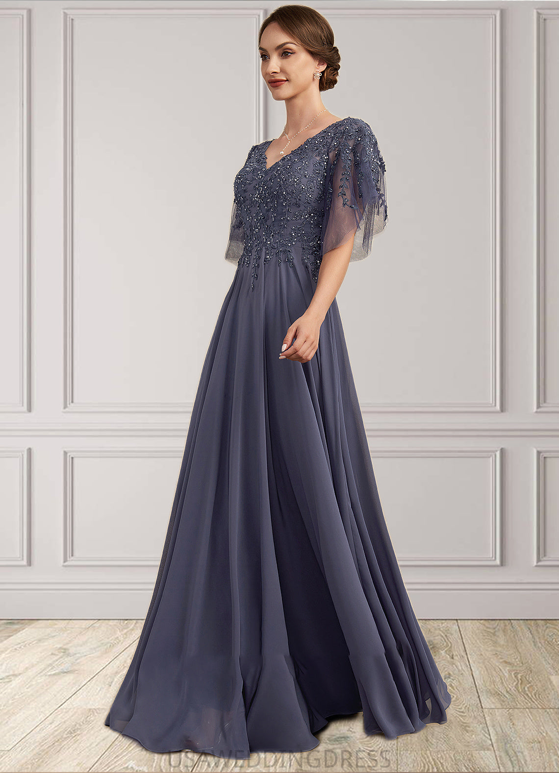 Gertie A-line V-Neck Floor-Length Chiffon Lace Mother of the Bride Dress With Beading Sequins DS126P0014571