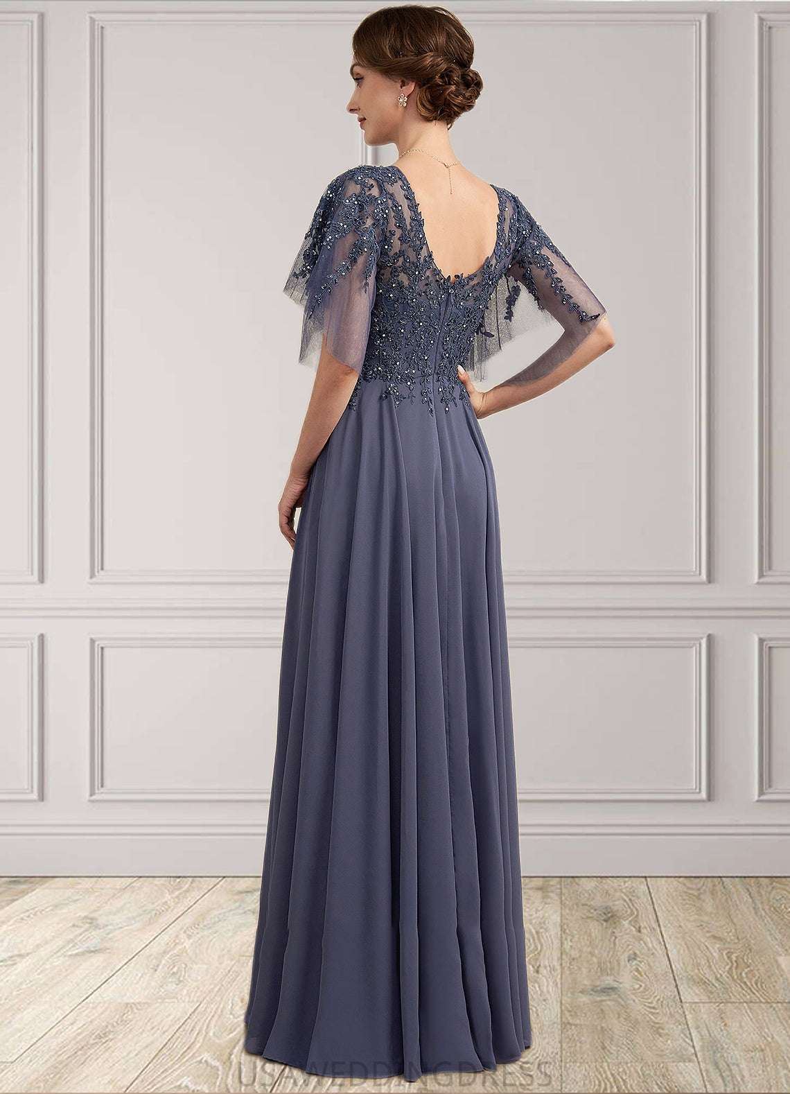 Gertie A-line V-Neck Floor-Length Chiffon Lace Mother of the Bride Dress With Beading Sequins DS126P0014571