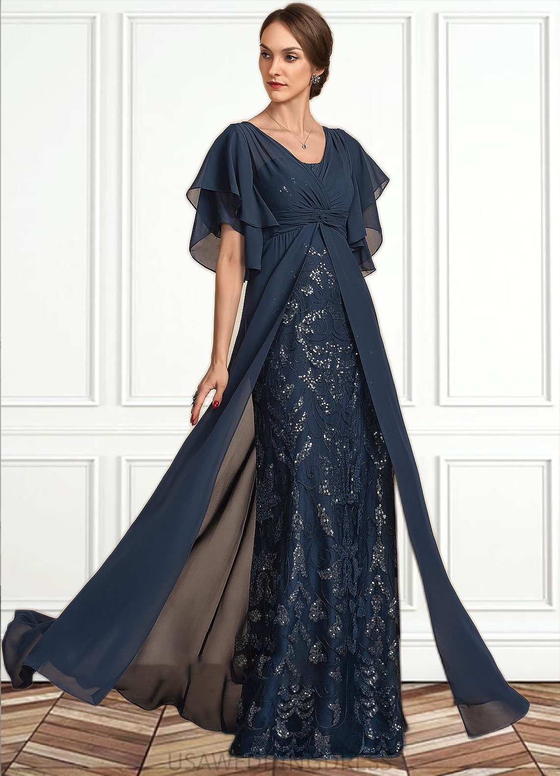 Sarahi Sheath/Column V-neck Floor-Length Chiffon Lace Mother of the Bride Dress With Ruffle Sequins DS126P0014573