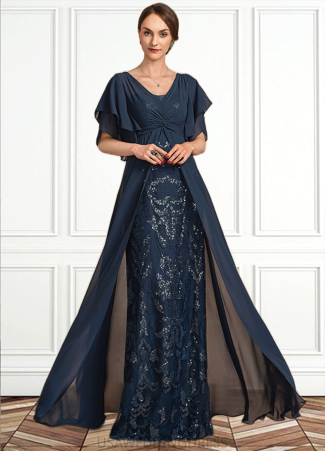 Sarahi Sheath/Column V-neck Floor-Length Chiffon Lace Mother of the Bride Dress With Ruffle Sequins DS126P0014573