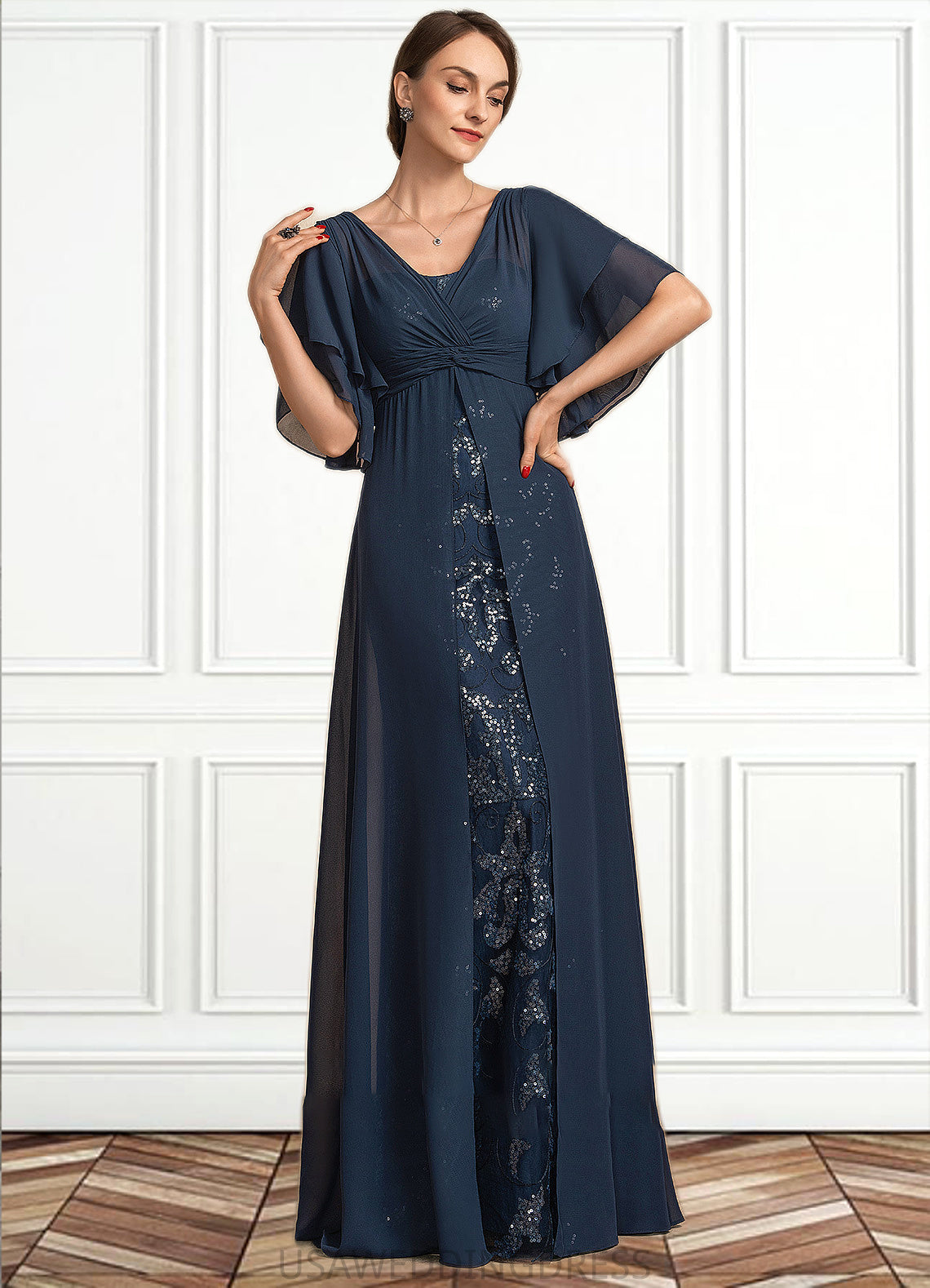 Sarahi Sheath/Column V-neck Floor-Length Chiffon Lace Mother of the Bride Dress With Ruffle Sequins DS126P0014573