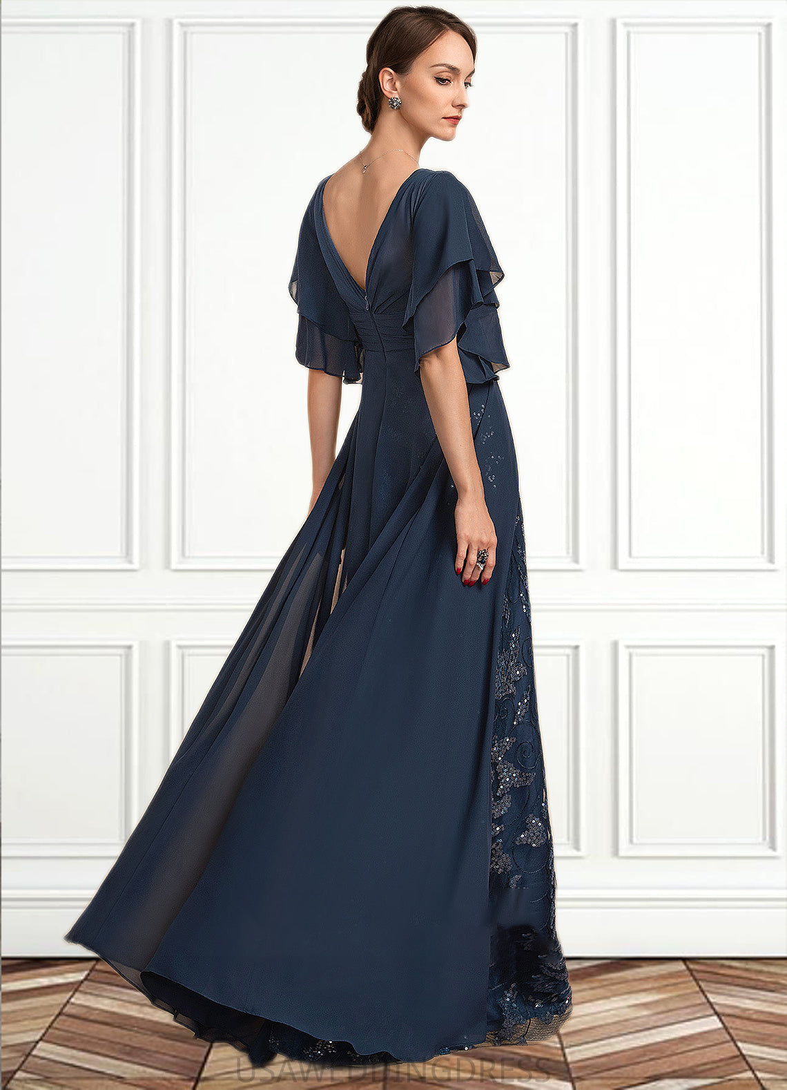 Sarahi Sheath/Column V-neck Floor-Length Chiffon Lace Mother of the Bride Dress With Ruffle Sequins DS126P0014573