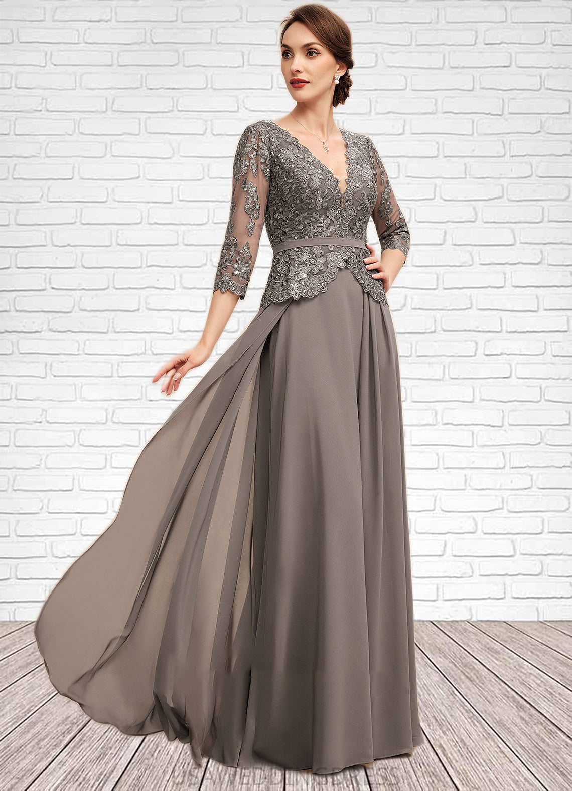 Aubrey A-Line V-neck Floor-Length Chiffon Lace Mother of the Bride Dress With Sequins DS126P0014574