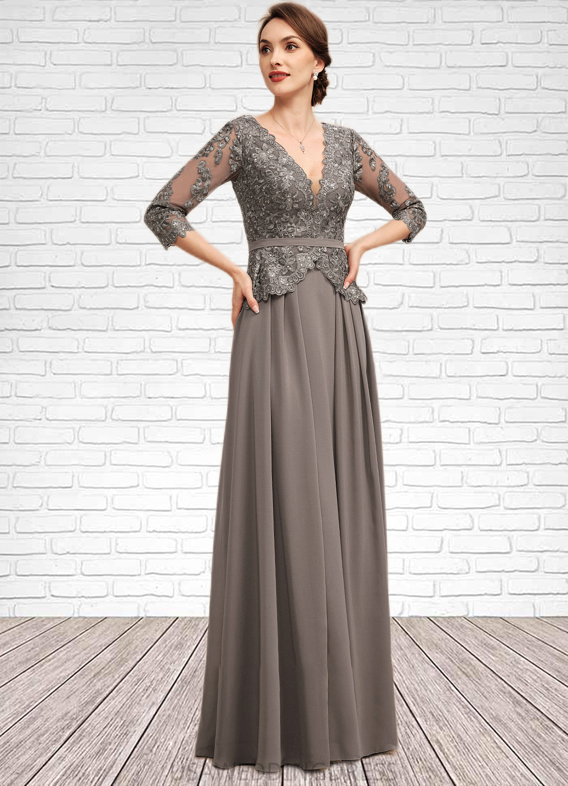 Aubrey A-Line V-neck Floor-Length Chiffon Lace Mother of the Bride Dress With Sequins DS126P0014574