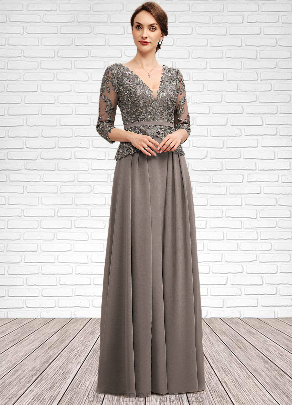 Aubrey A-Line V-neck Floor-Length Chiffon Lace Mother of the Bride Dress With Sequins DS126P0014574