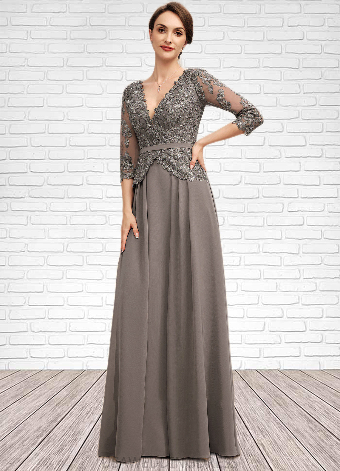 Aubrey A-Line V-neck Floor-Length Chiffon Lace Mother of the Bride Dress With Sequins DS126P0014574