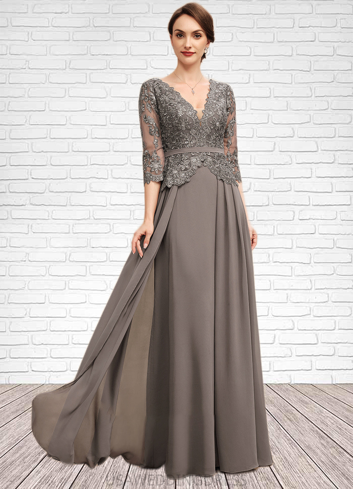 Aubrey A-Line V-neck Floor-Length Chiffon Lace Mother of the Bride Dress With Sequins DS126P0014574