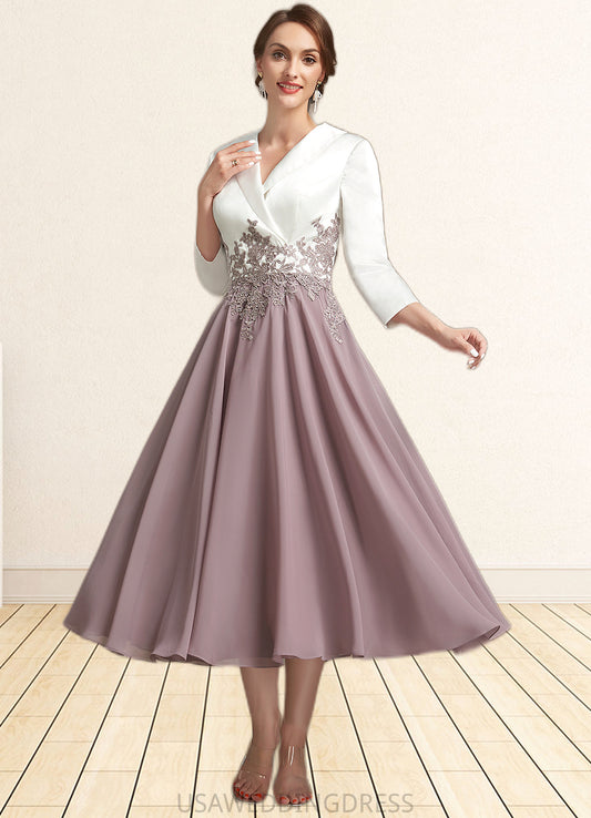 Elisabeth A-Line V-neck Tea-Length Chiffon Lace Mother of the Bride Dress DS126P0014575