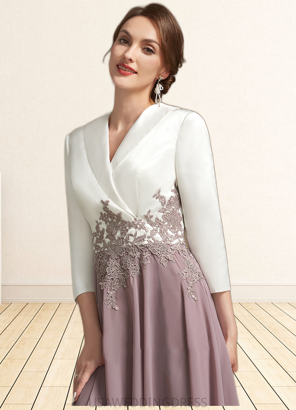 Elisabeth A-Line V-neck Tea-Length Chiffon Lace Mother of the Bride Dress DS126P0014575