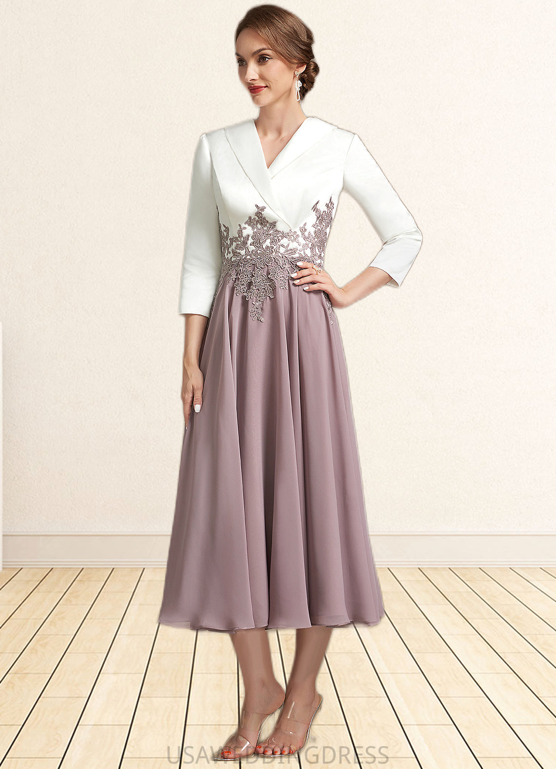 Elisabeth A-Line V-neck Tea-Length Chiffon Lace Mother of the Bride Dress DS126P0014575