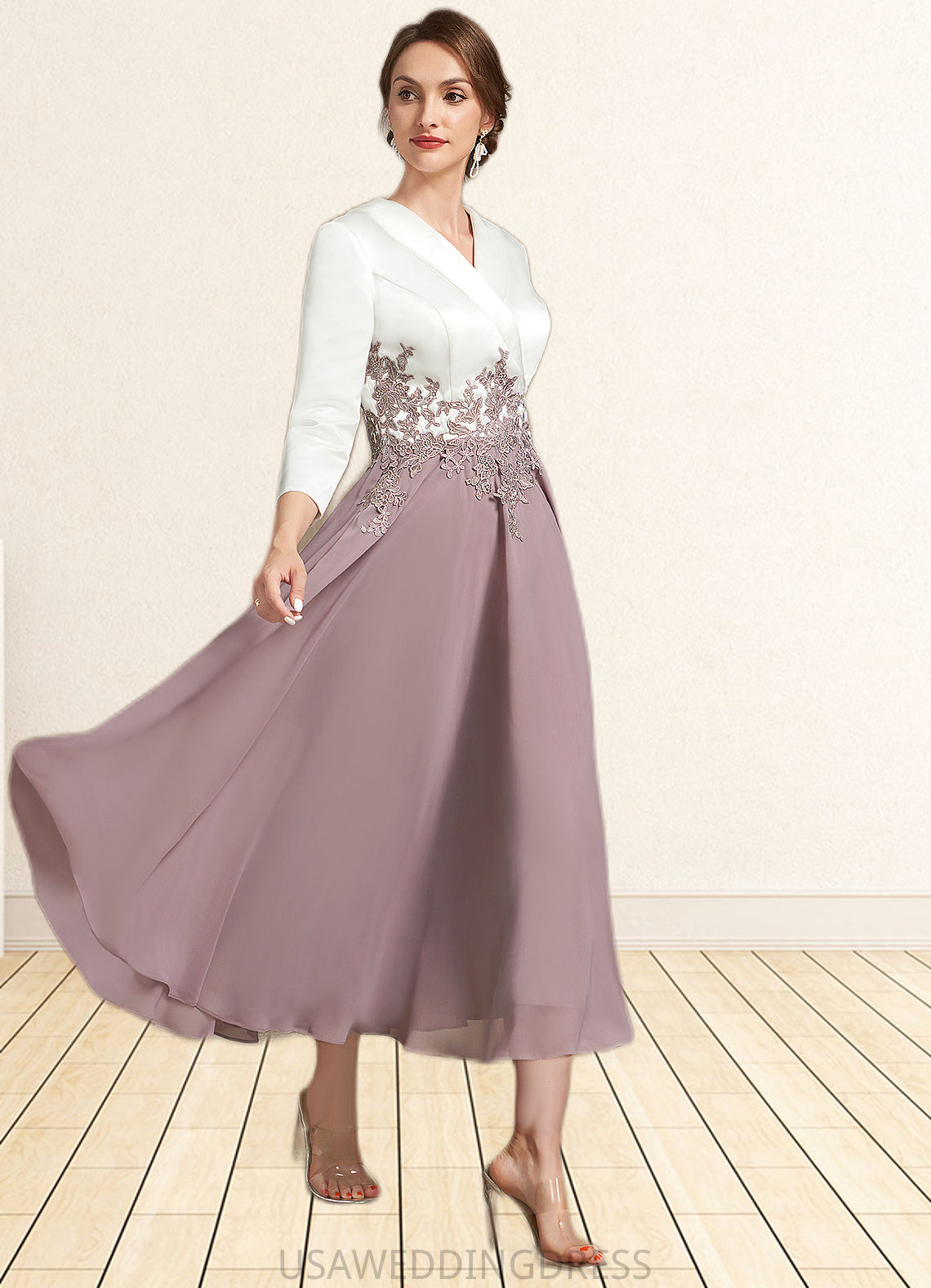 Elisabeth A-Line V-neck Tea-Length Chiffon Lace Mother of the Bride Dress DS126P0014575