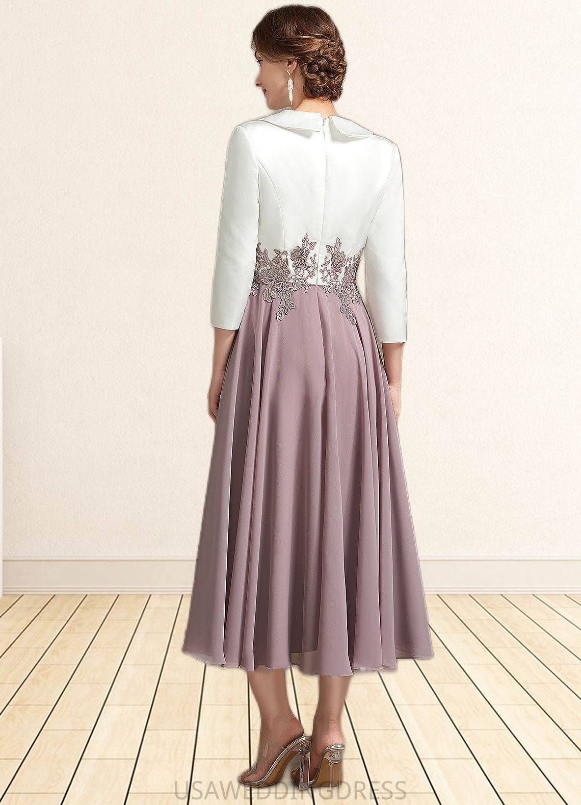 Elisabeth A-Line V-neck Tea-Length Chiffon Lace Mother of the Bride Dress DS126P0014575