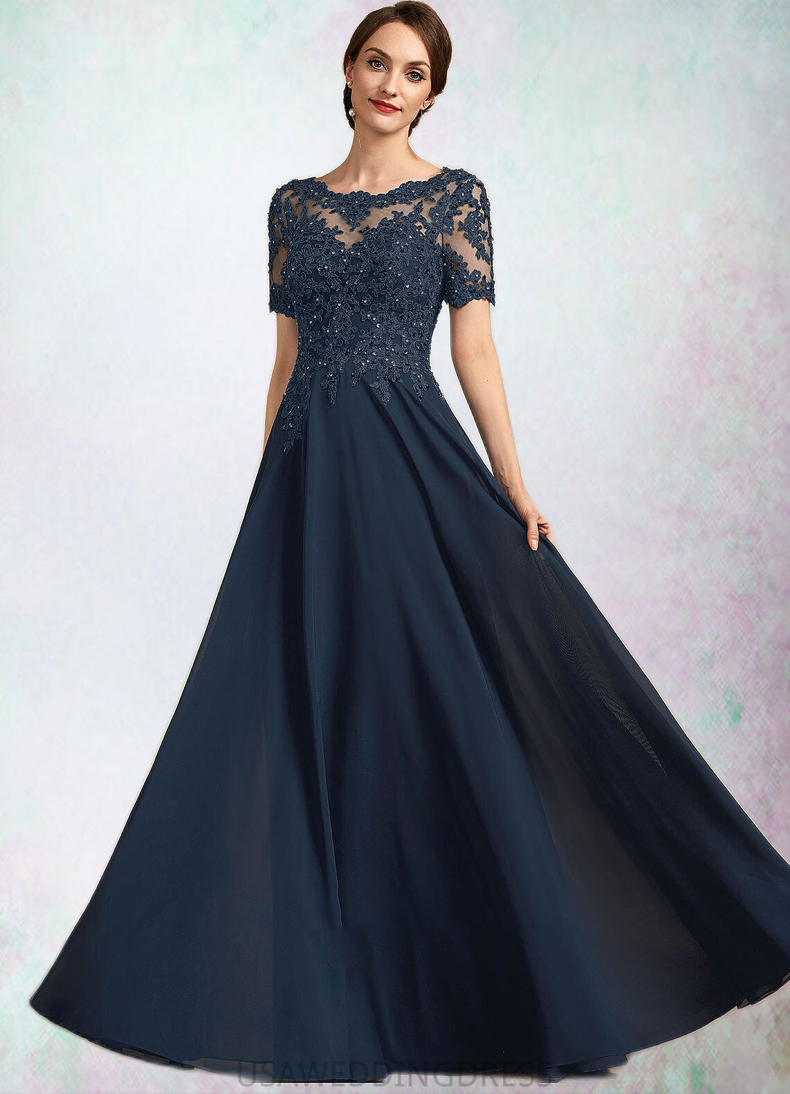 Nita A-Line Scoop Neck Floor-Length Chiffon Lace Mother of the Bride Dress With Beading Sequins DS126P0014577