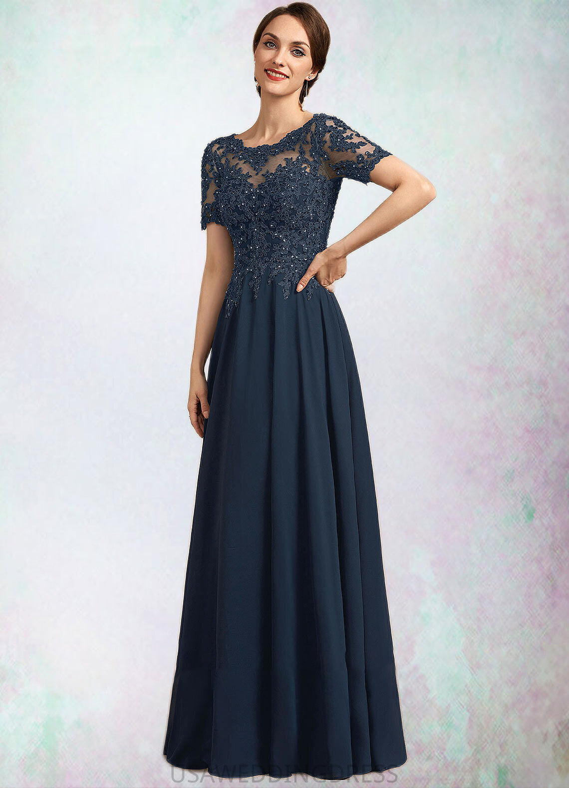 Nita A-Line Scoop Neck Floor-Length Chiffon Lace Mother of the Bride Dress With Beading Sequins DS126P0014577