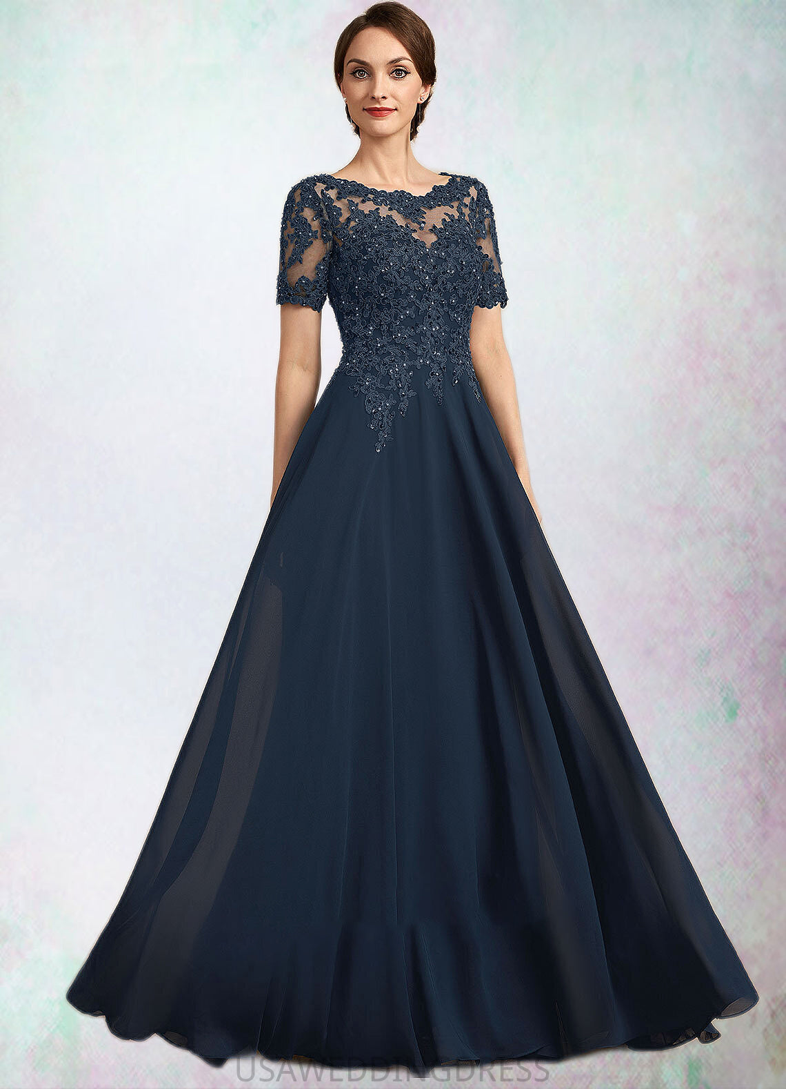 Nita A-Line Scoop Neck Floor-Length Chiffon Lace Mother of the Bride Dress With Beading Sequins DS126P0014577