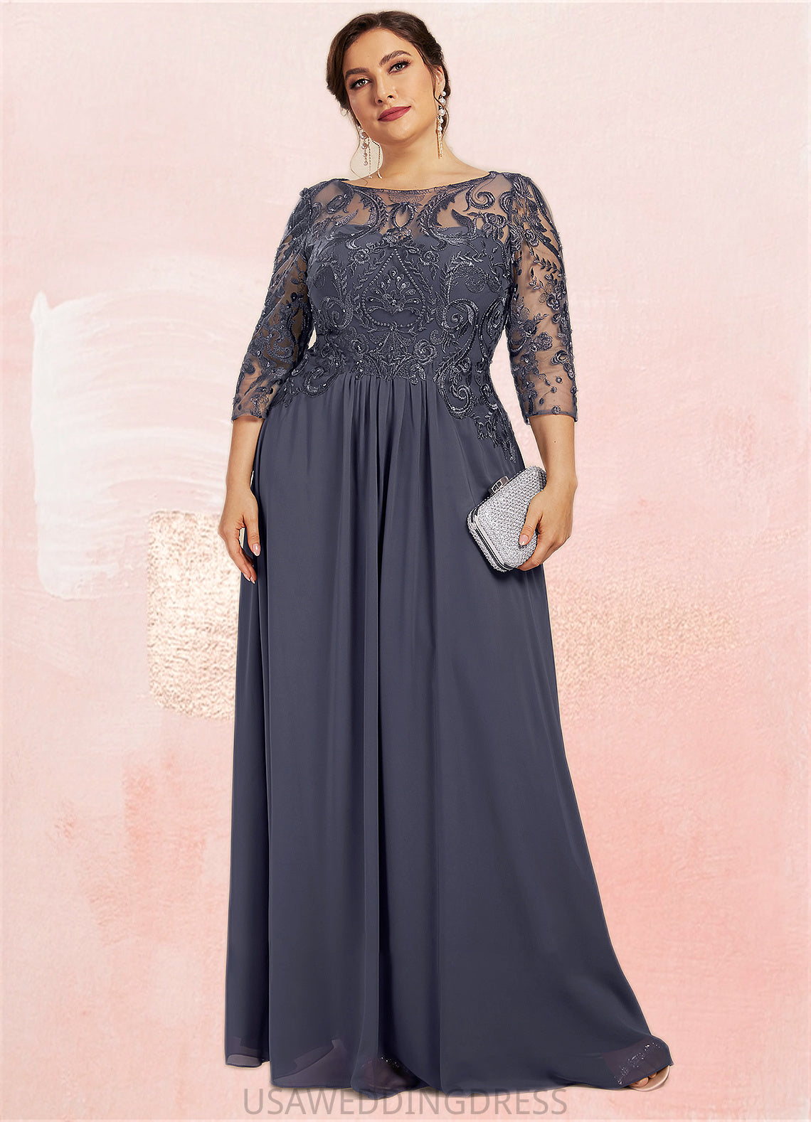 Natasha A-Line Scoop Neck Floor-Length Chiffon Lace Mother of the Bride Dress With Beading Sequins DS126P0014578