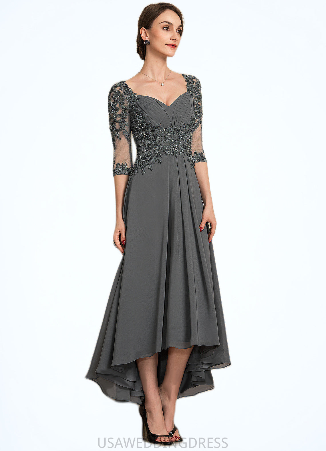 Lillian A-Line Sweetheart Asymmetrical Chiffon Lace Mother of the Bride Dress With Beading Sequins DS126P0014579