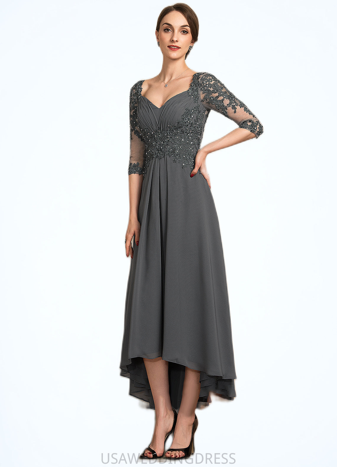 Lillian A-Line Sweetheart Asymmetrical Chiffon Lace Mother of the Bride Dress With Beading Sequins DS126P0014579