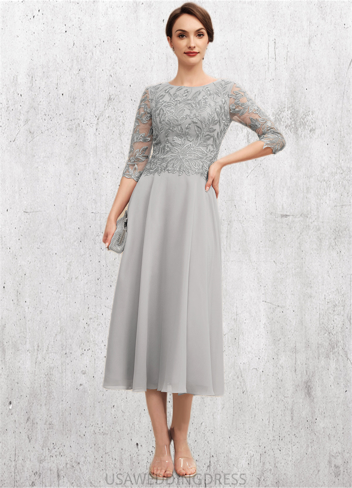 Skylar A-Line Scoop Neck Tea-Length Chiffon Lace Mother of the Bride Dress With Sequins DS126P0014580