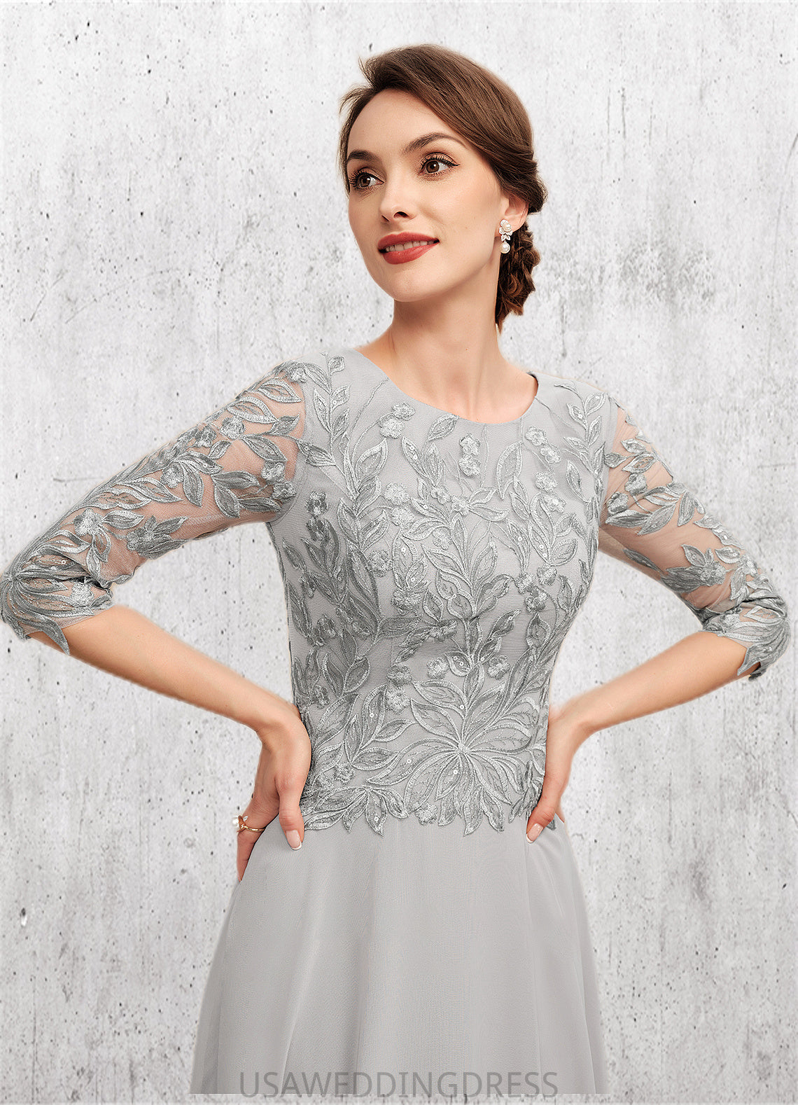 Skylar A-Line Scoop Neck Tea-Length Chiffon Lace Mother of the Bride Dress With Sequins DS126P0014580