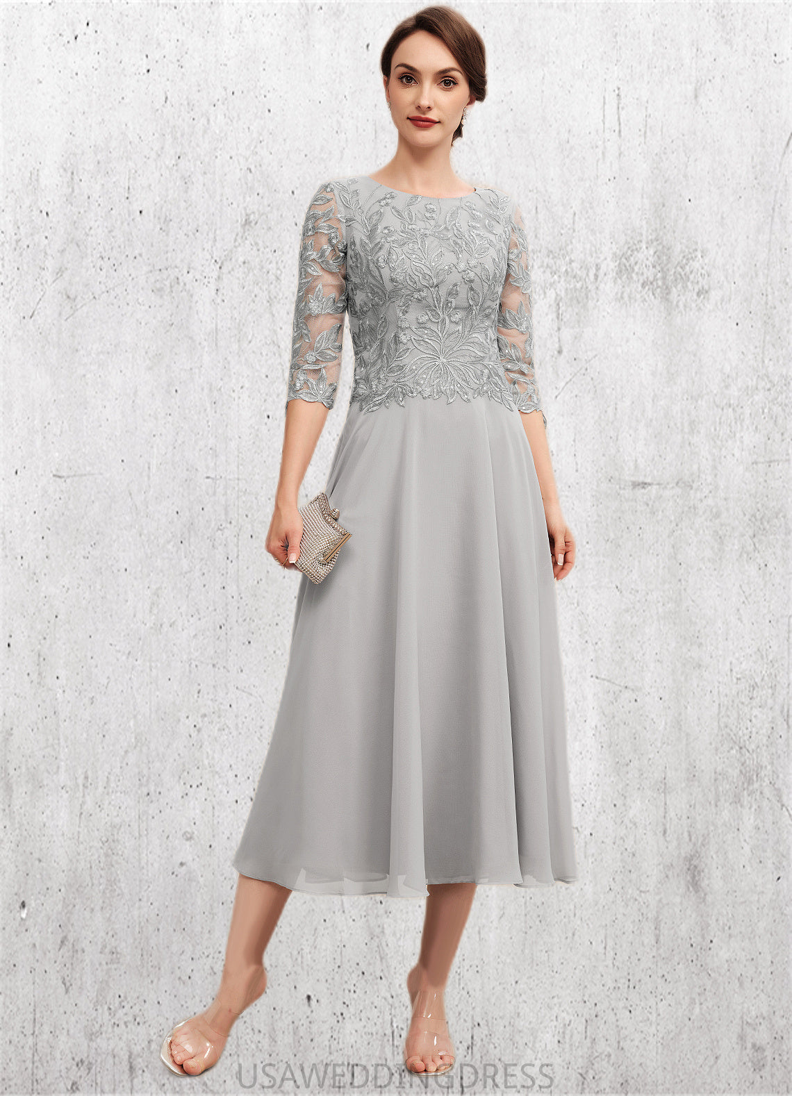 Skylar A-Line Scoop Neck Tea-Length Chiffon Lace Mother of the Bride Dress With Sequins DS126P0014580