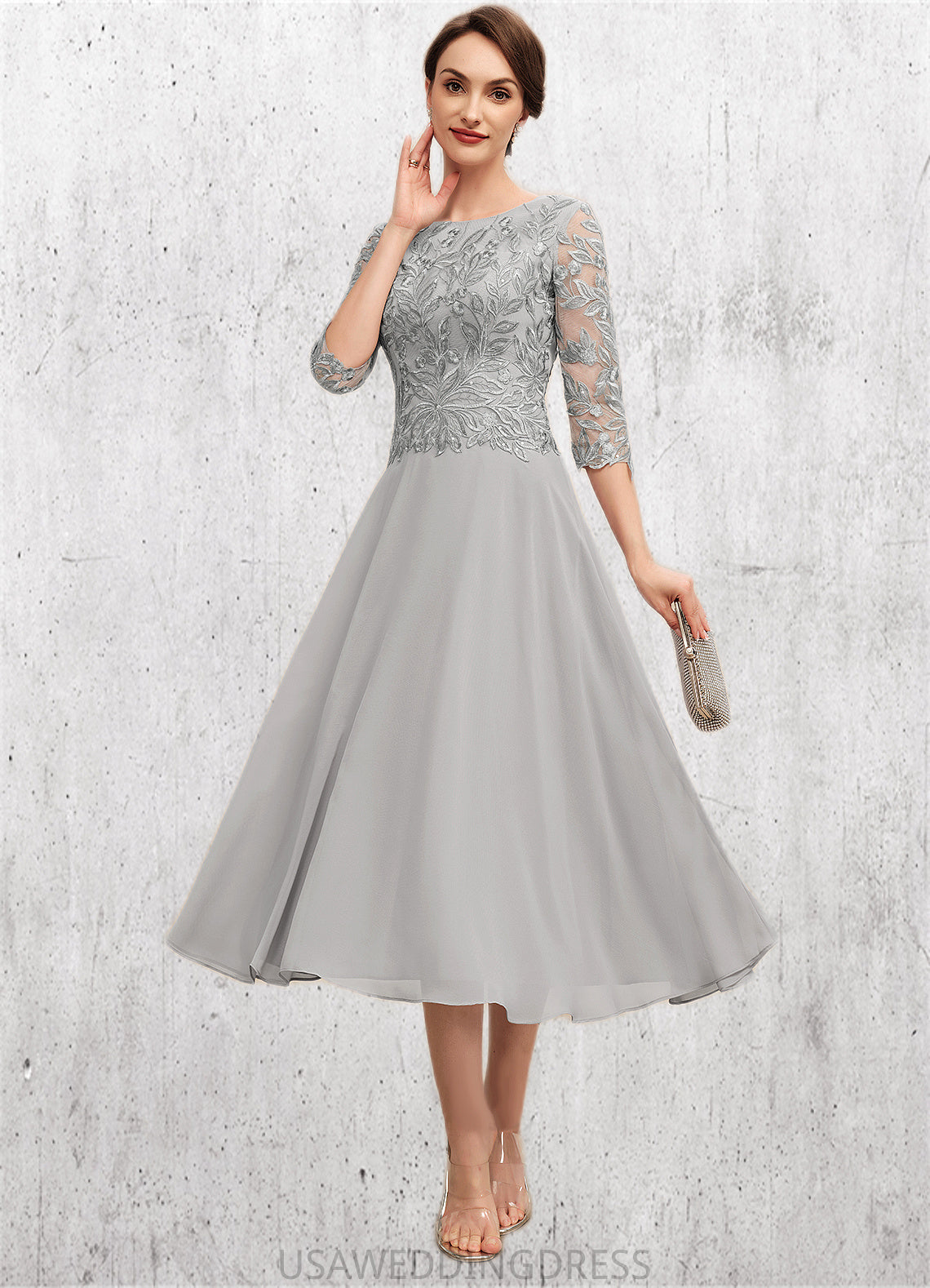 Skylar A-Line Scoop Neck Tea-Length Chiffon Lace Mother of the Bride Dress With Sequins DS126P0014580