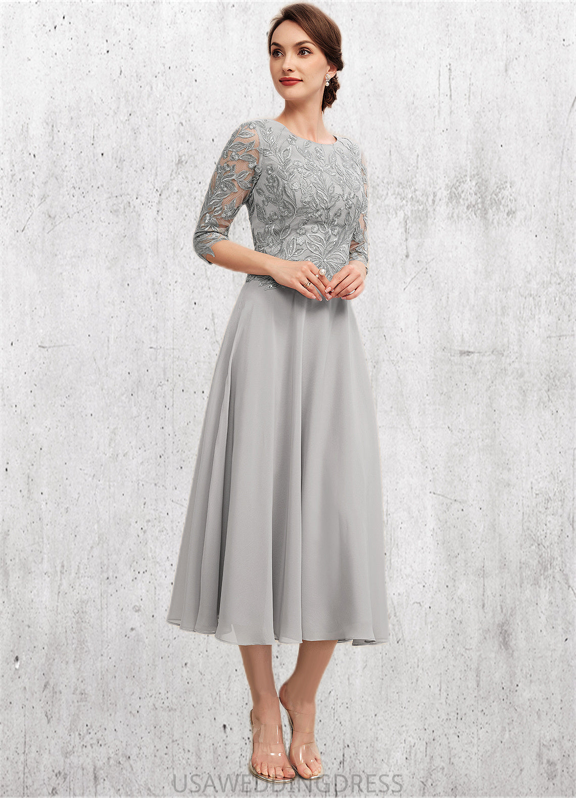 Skylar A-Line Scoop Neck Tea-Length Chiffon Lace Mother of the Bride Dress With Sequins DS126P0014580