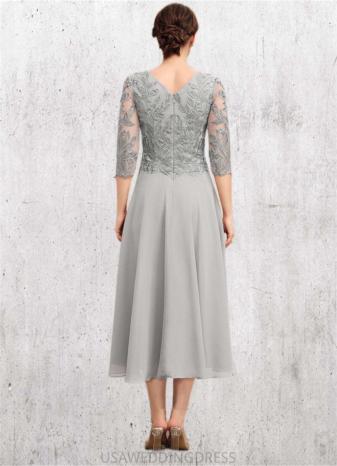 Skylar A-Line Scoop Neck Tea-Length Chiffon Lace Mother of the Bride Dress With Sequins DS126P0014580