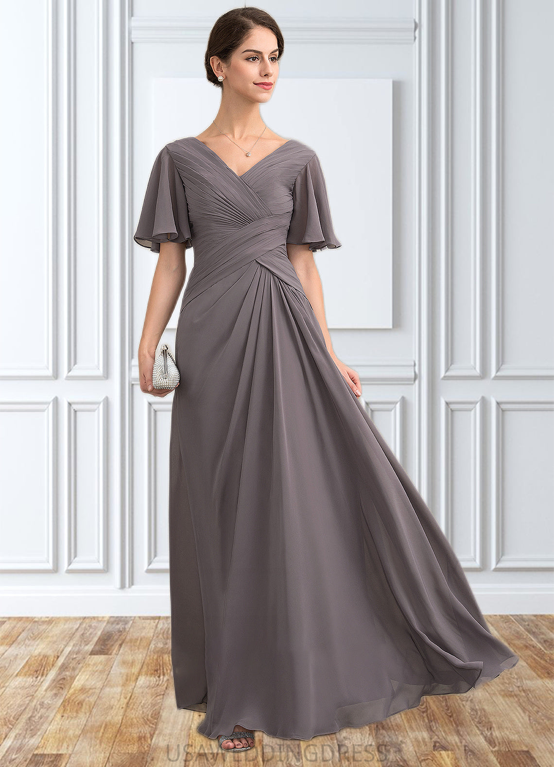 Nora A-Line V-neck Floor-Length Chiffon Mother of the Bride Dress With Ruffle DS126P0014581