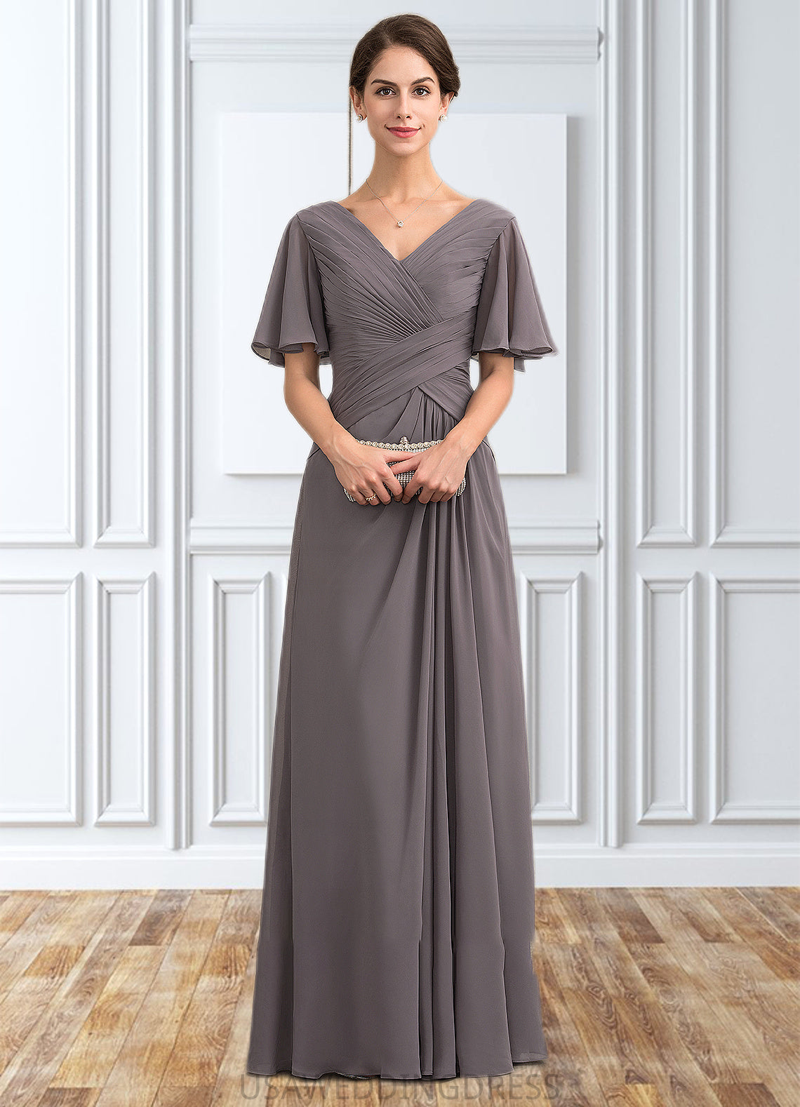 Nora A-Line V-neck Floor-Length Chiffon Mother of the Bride Dress With Ruffle DS126P0014581