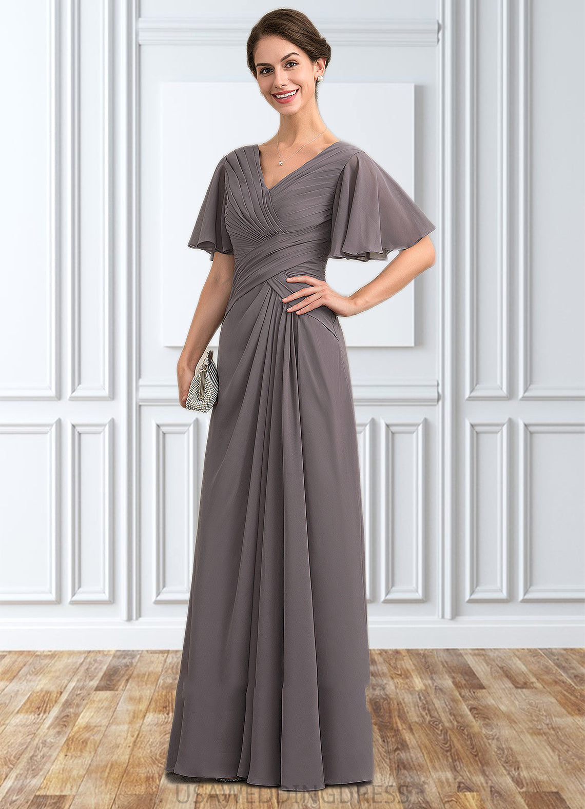 Nora A-Line V-neck Floor-Length Chiffon Mother of the Bride Dress With Ruffle DS126P0014581