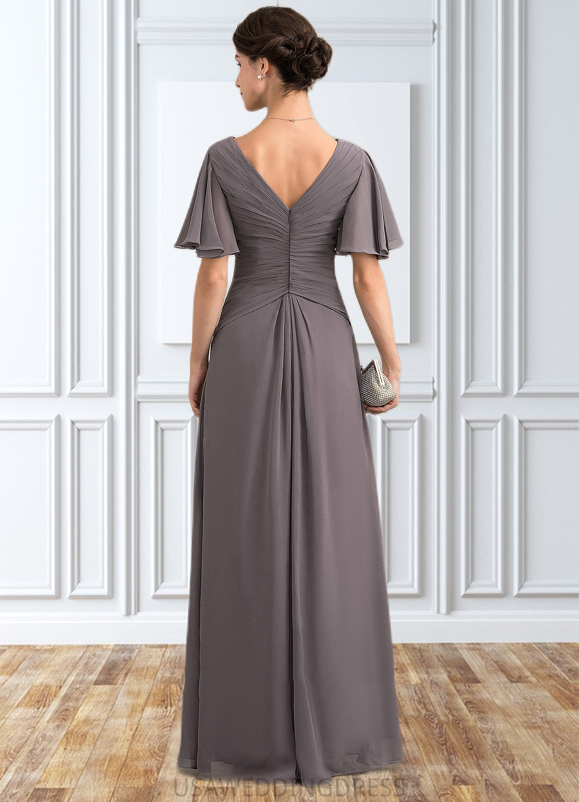 Nora A-Line V-neck Floor-Length Chiffon Mother of the Bride Dress With Ruffle DS126P0014581