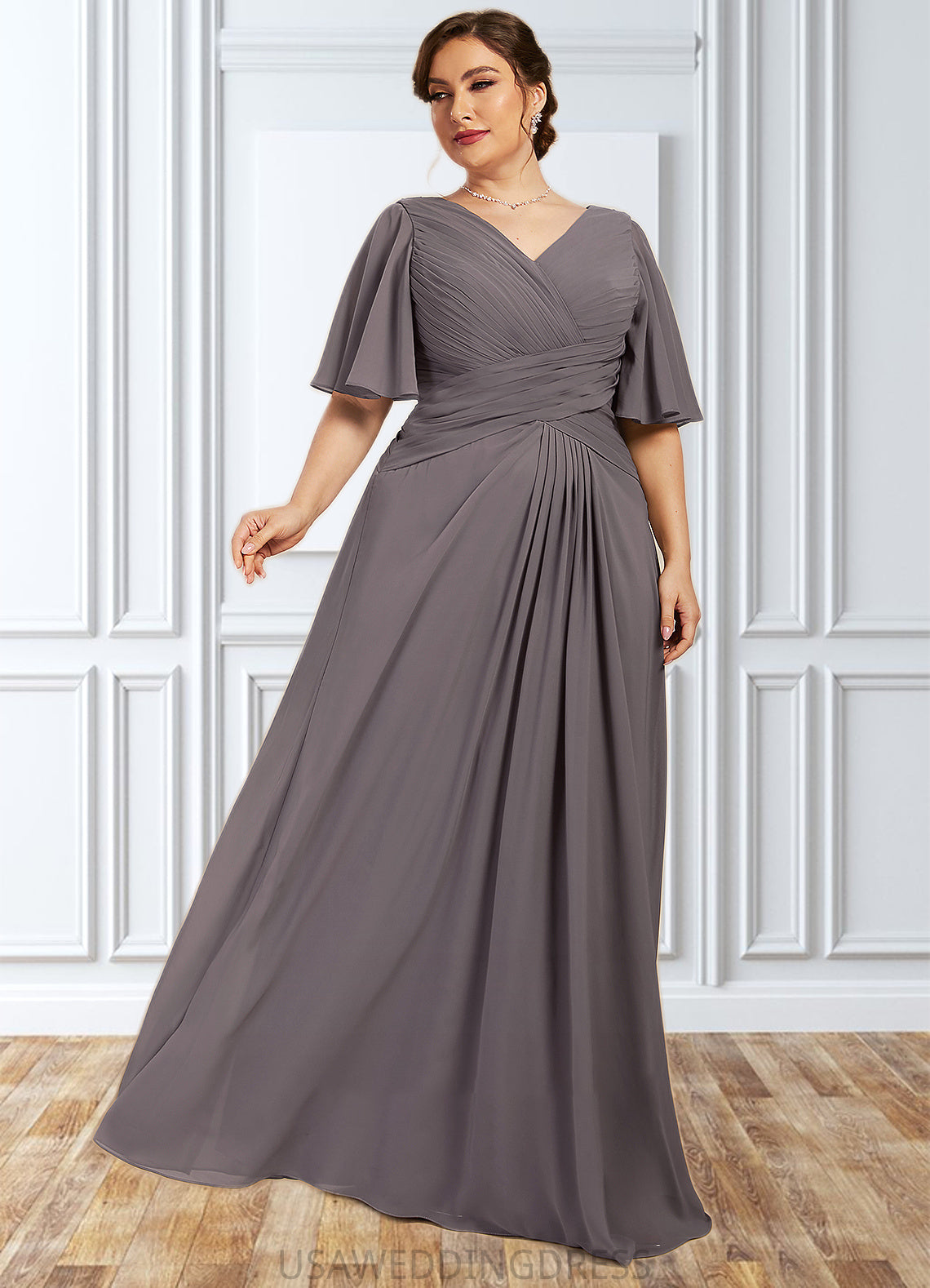 Nora A-Line V-neck Floor-Length Chiffon Mother of the Bride Dress With Ruffle DS126P0014581