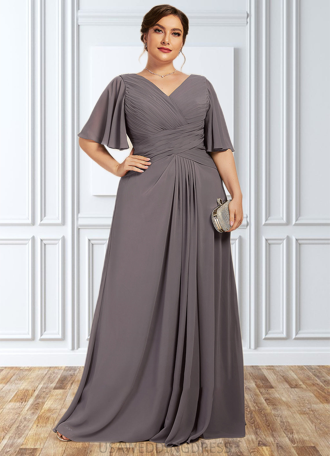 Nora A-Line V-neck Floor-Length Chiffon Mother of the Bride Dress With Ruffle DS126P0014581