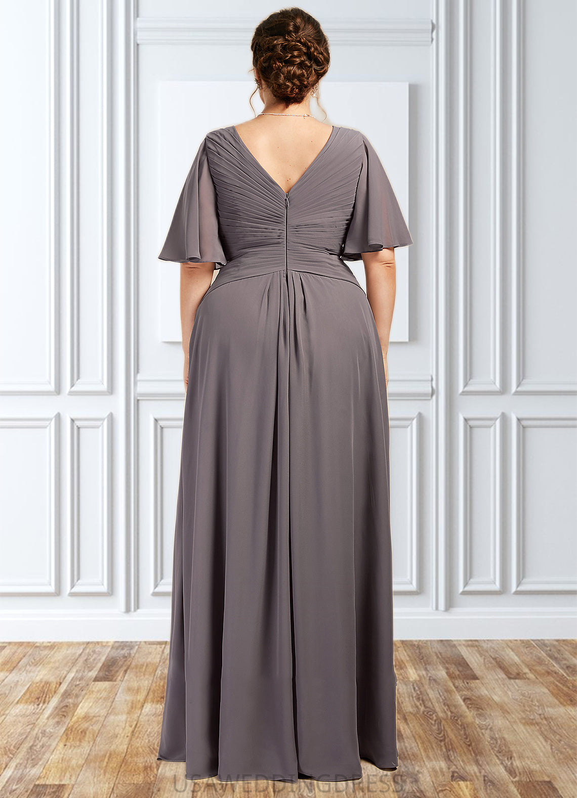 Nora A-Line V-neck Floor-Length Chiffon Mother of the Bride Dress With Ruffle DS126P0014581